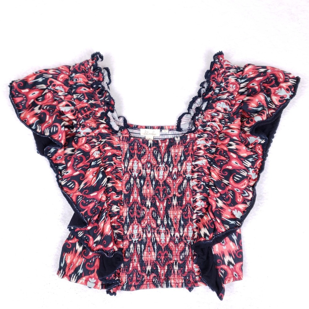 Let Me Be Smocked Ruffle Blouse Boho Festival Top Flutter Sleeve M Cotton‎ Indie